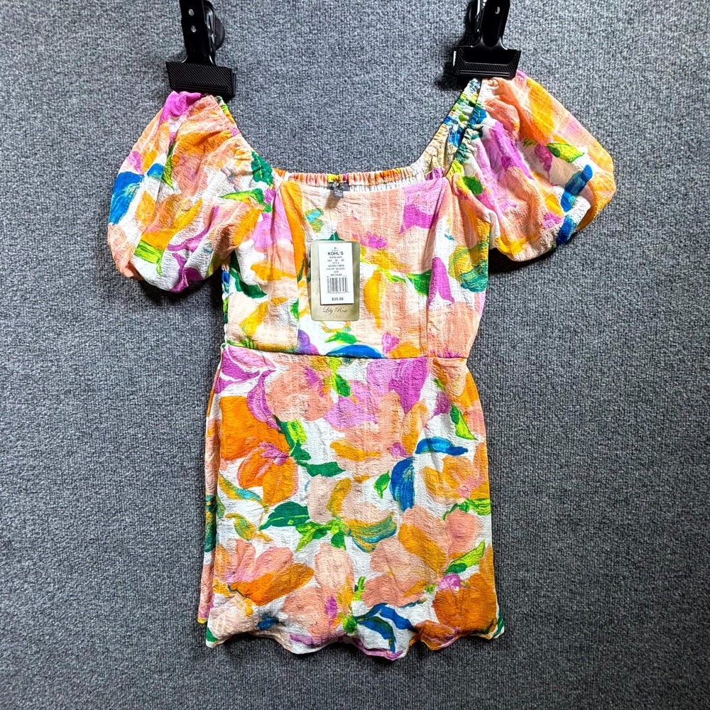 Lily Rose Mini Dress Womens M Multi Floral Puff Short Sleeve Vacation Summer NWT
